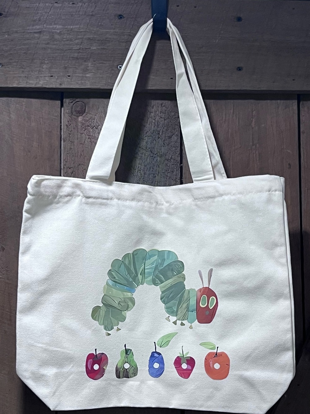 Hand Crafted White Canvas Tote Bag with Green Caterpillar and Multicolor Fruit